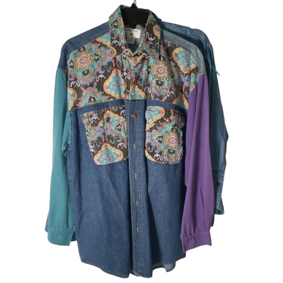 Vint Western Denim Paisley Abstract 70's Style Print Cotton Cowboy/Girl Shirt M - Picture 1 of 14